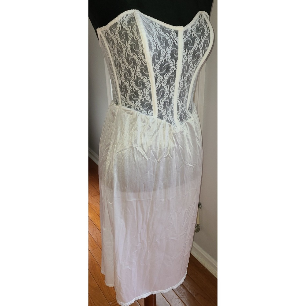Vtg White Lace Longline Corset Bustier Boned Strapless w full half slip Sz 34